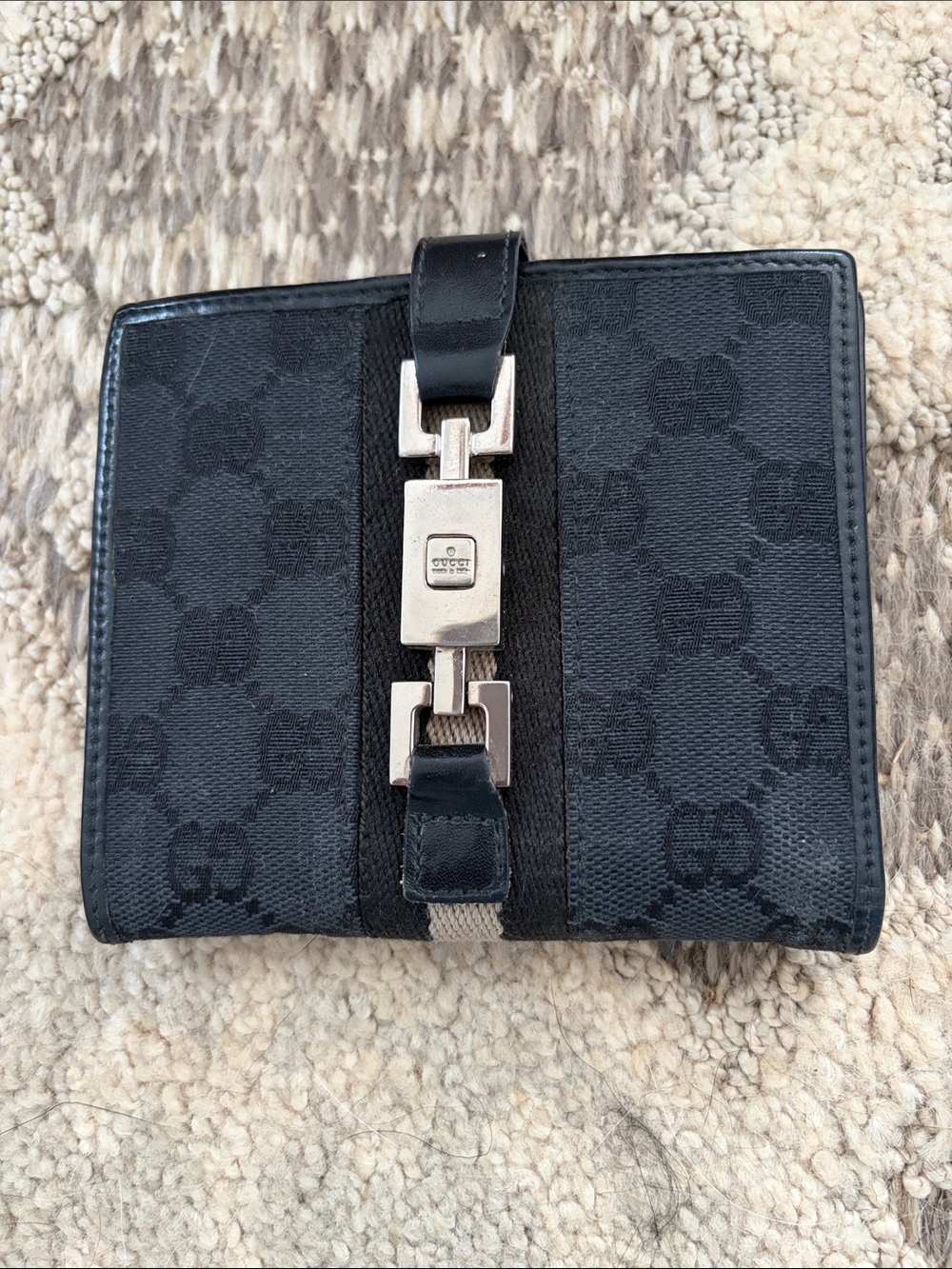 Gucci piston lock wallet black on black canvas and leather